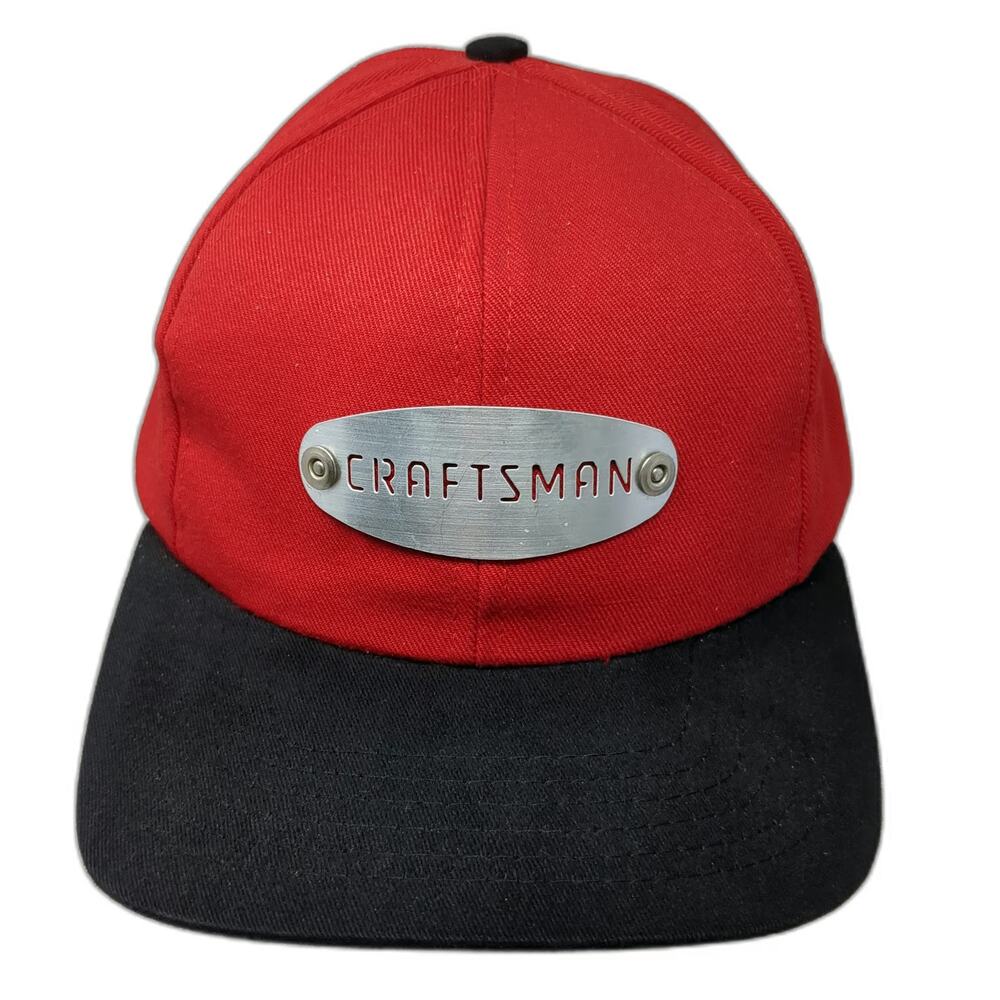 Craftsman Snapback Red Black Hat OS Metal Plate Logo Work Gear Tools Cap Vintage